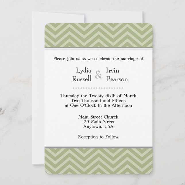 Sage Olive Green Chevron Faire-part de mariage (Devant)