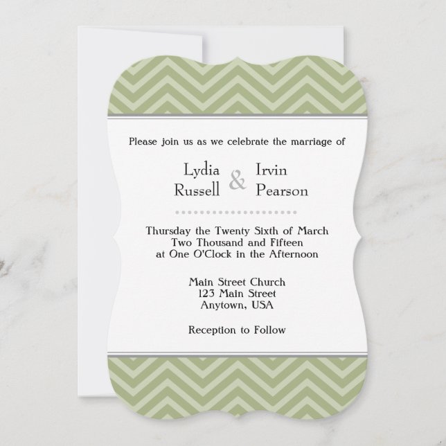 Sage Olive Green Chevron Faire-part de mariage (Devant)