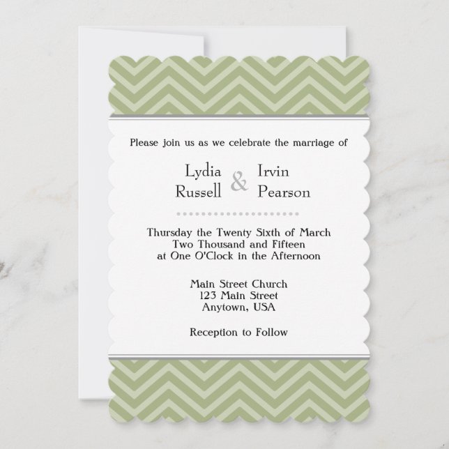 Sage Olive Green Chevron Faire-part de mariage (Devant)