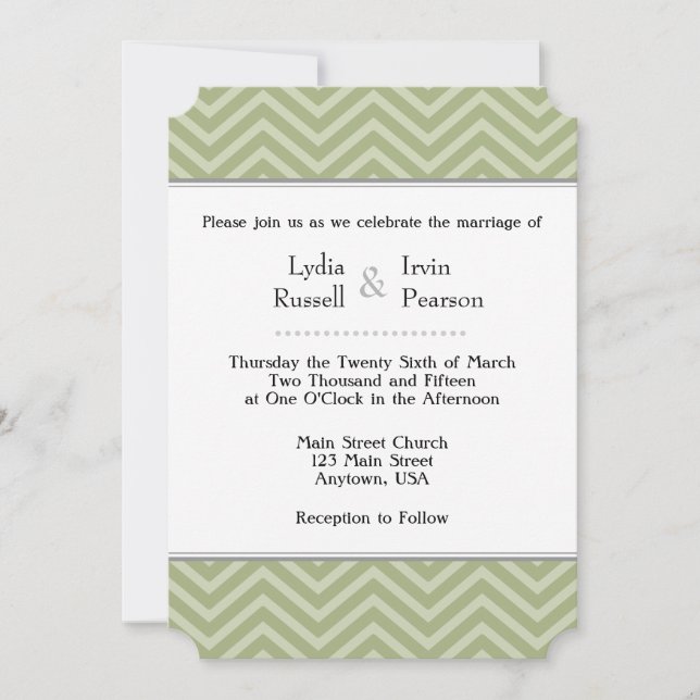 Sage Olive Green Chevron Faire-part de mariage (Devant)