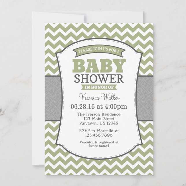 Sage Olive Grey Chevron Baby shower Invitation (Devant)