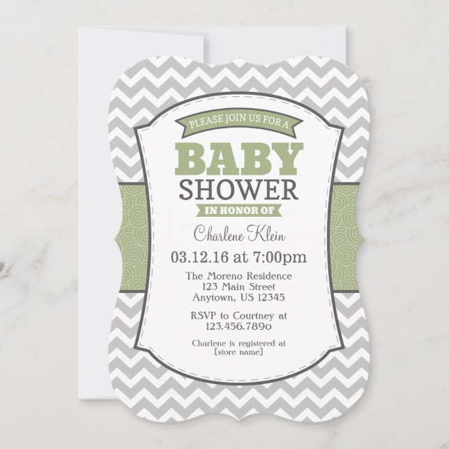 Sage Olive Grey Chevron Baby shower Invitation (Devant)