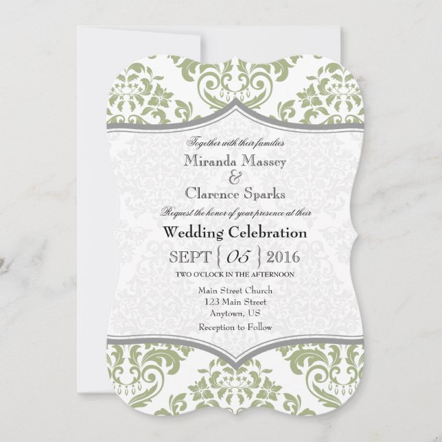 Sage Olive Grey Damask Bracket Wedet Invitation (Devant)