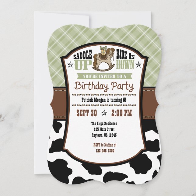 Sage Olive Plaid Cowhide Cowboy Invitation d'anniv (Devant)