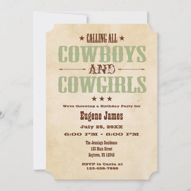 Sage Olive Vintage Cowboy Invitation Anniversaire (Devant)