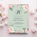 Sage | Pink Blush Floral 90th Birthday Invitation<br><div class="desc">Personnalisable invitation 90ème anniversaire,  avec de jolis bouquets floraux rose vif et verdure sur un arrière - plan vert sage,  avec un cadre géométrique doré.</div>