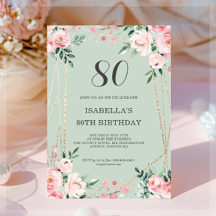 Sage   Pink Blush Floral Invitation de 80e anniver