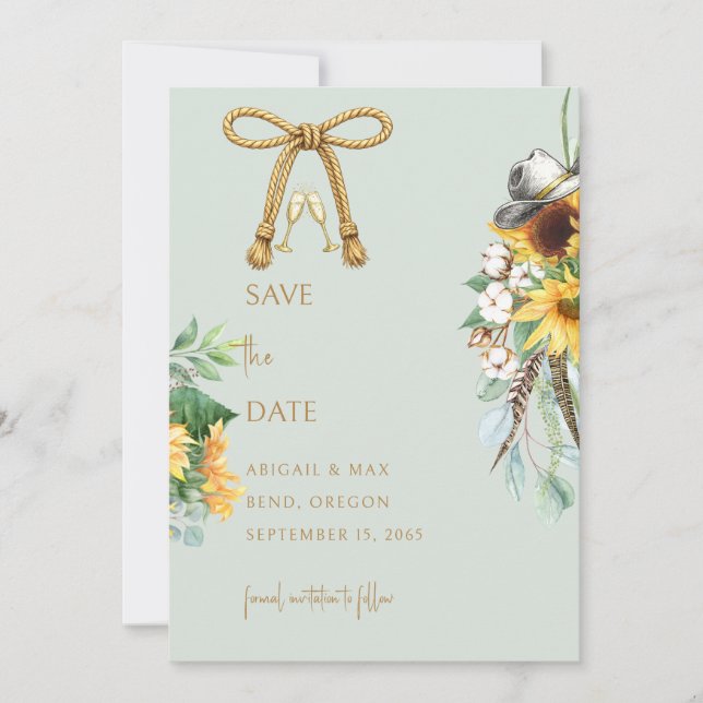 Sage Rustic Cowboy Sunflower Wedding Save the Date (Devant)