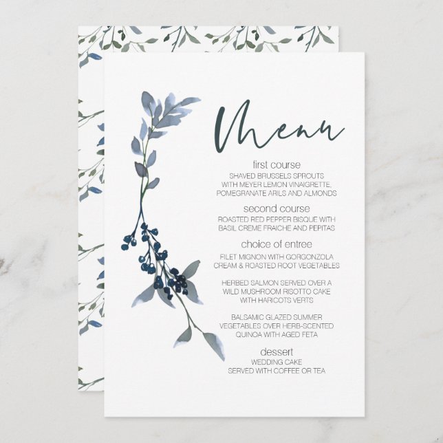 Sage Silver Green Floral Menu Mariage (Devant / Derrière)