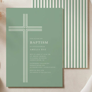 Sage Striped Cross Baptism Invitation