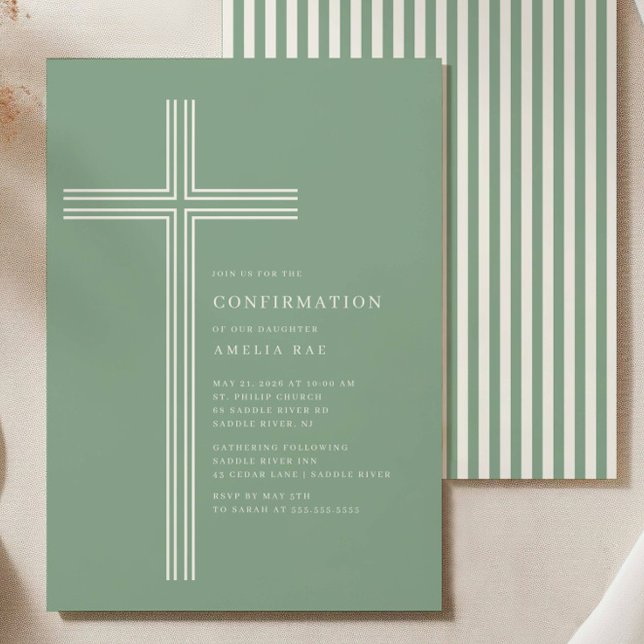Sage Striped Cross Confirmation Invitation (Créateur téléchargé)