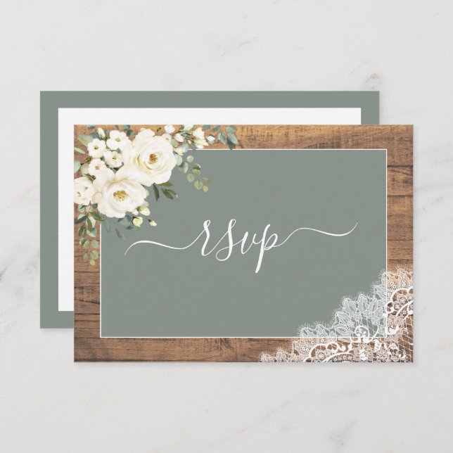 Sage Vert Blanc Floral Script dentelle Bois RSVP (Devant / Derrière)