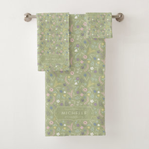 Sage Vert Fleurs Roses Blanches Motif Floral Bohèm