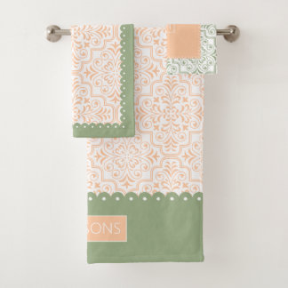 Sage vert pêche motif damas, bordures de pétoncles
