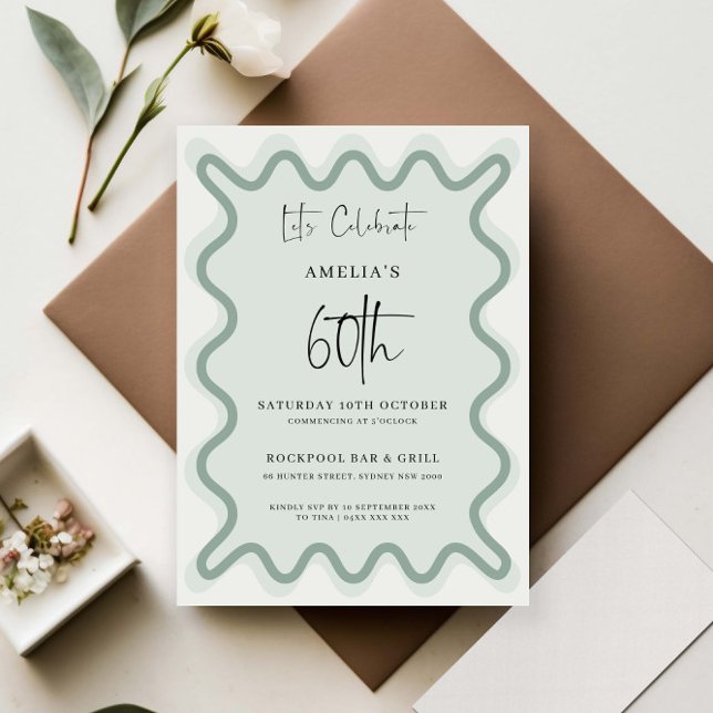 Sage Wavy Border 60e anniversaire Invitation (Créateur téléchargé)