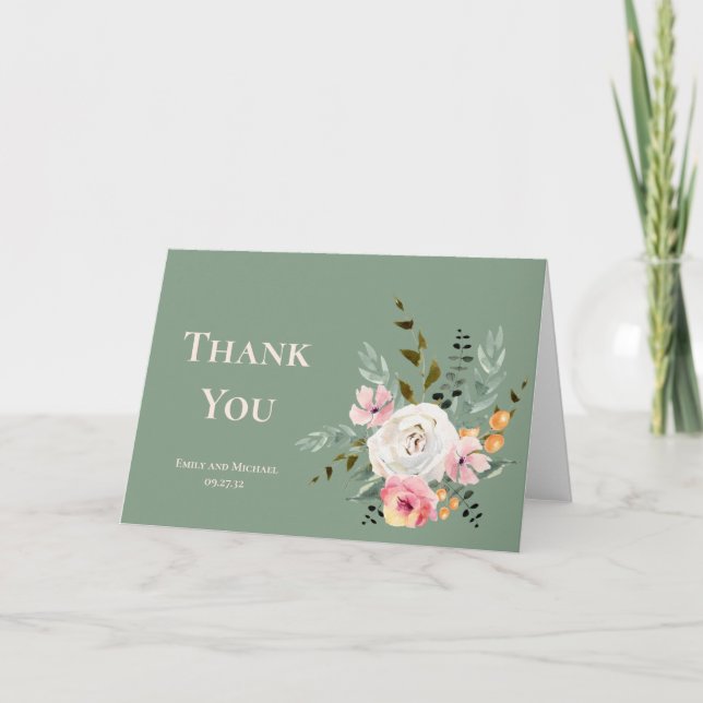 Sage White Blush Peach Floral Merci Note (Devant)