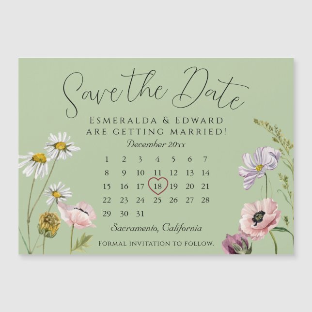 Sage Wild Flower Mariage Calendrier Enregistrer La (Devant)