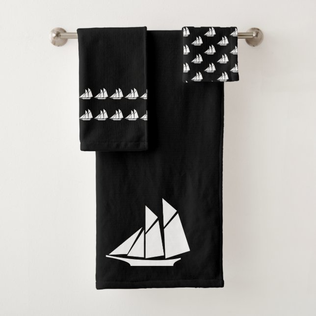 Sailboat Salle de bain noir blanc Serviette ensemb (En situation)