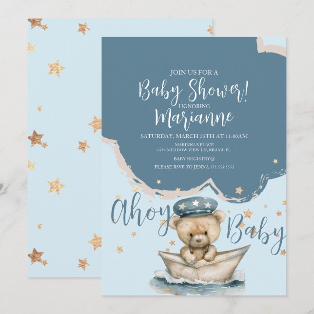  Sailor Bear Boy Stars Baby Shower  Invitation (Devant / Derrière)