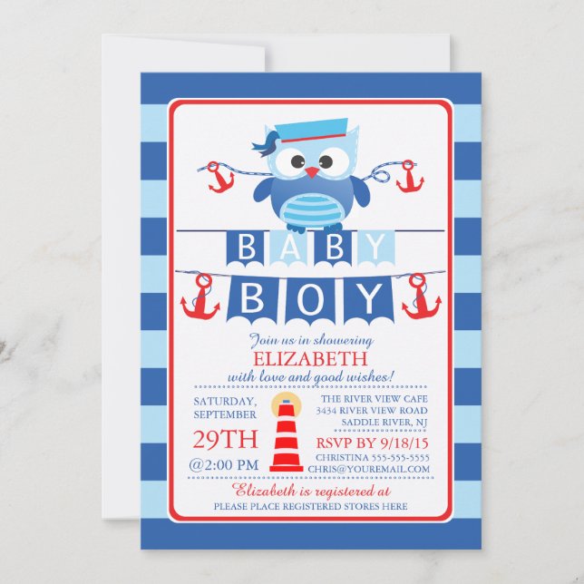 Sailor Owl Nautical Boy Baby shower Invitation (Devant)