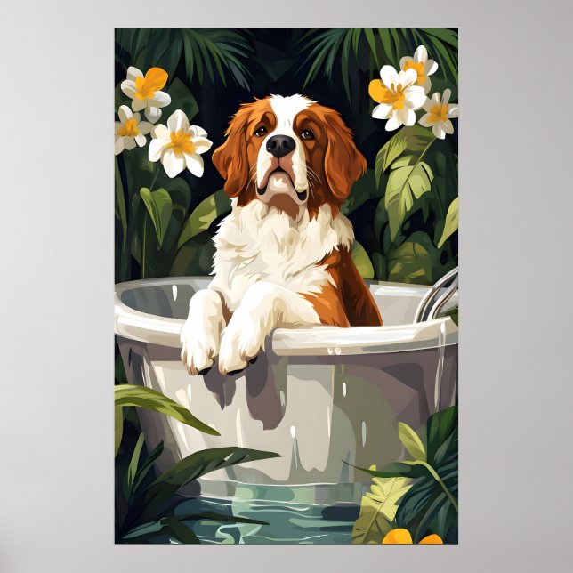 Saint Bernard In Bathtub Poster, Funny Dog Poster (Devant)