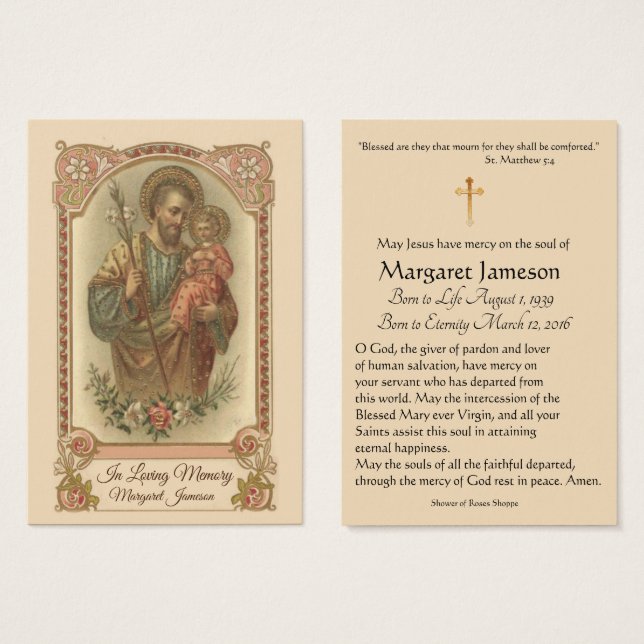 Saint Joseph Catholicisme Funeral Memorial Carte S (Devant & derrière)