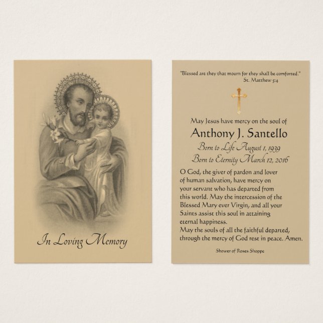 Saint Joseph Funérailles Sympathie Prière Carte Sa (Devant & derrière)