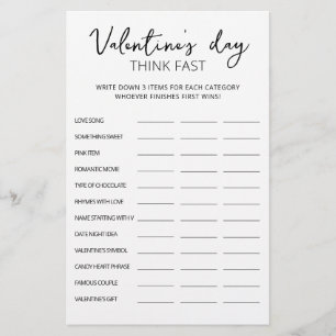 Saint Valentin Pensez vite, pensez rapide jeu de f