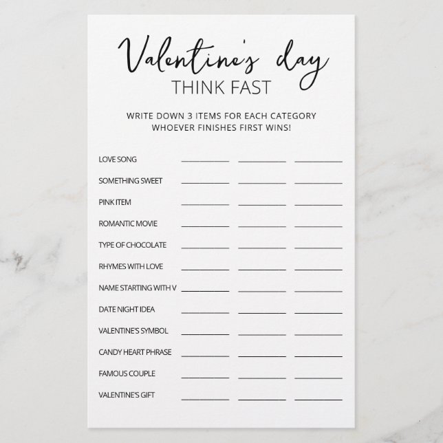 Saint Valentin Pensez vite, pensez rapide jeu de f (Devant)