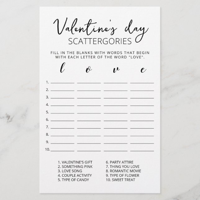 Saint Valentin Scattergories jeu modifiable (Devant)