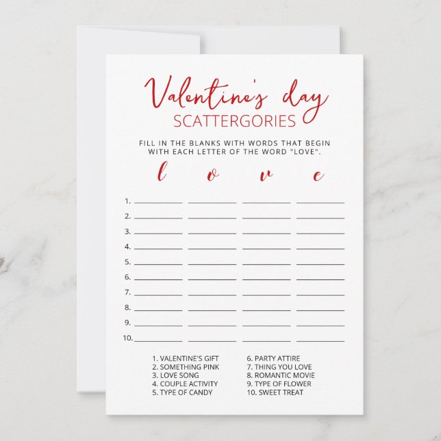 Saint Valentin Scattergories jeu modifiable Carte (Devant)