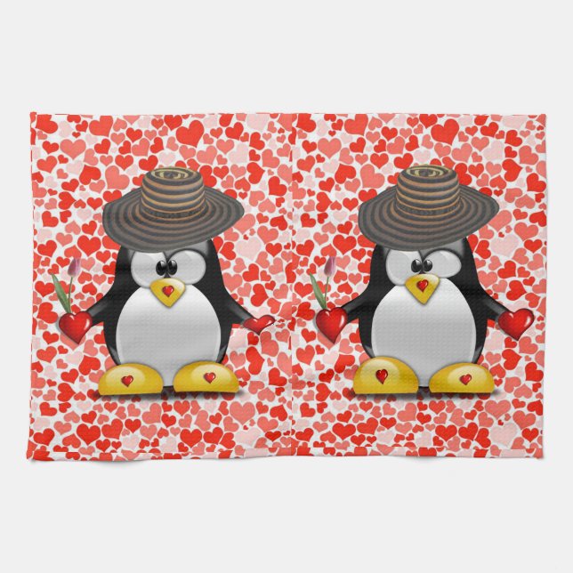 Saint Valentin Serviette de cuisine, Penguin (Horizontal)