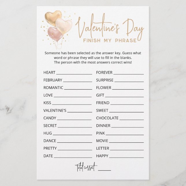 Saint Valentin Terminer mon phrase Editable jeu (Devant)