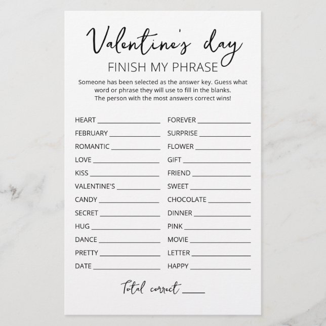 Saint Valentin Terminer mon phrase Editable jeu (Devant)