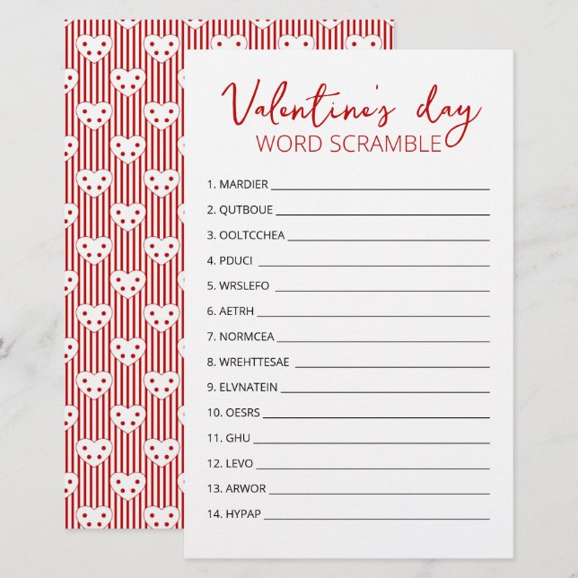 Saint Valentin Word Scramble Jeu partie (Devant / Derrière)