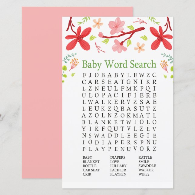 Sakura Baby shower Word Search Jeu (Devant / Derrière)