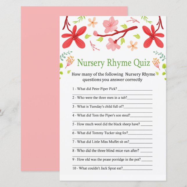 Sakura Nursery Rhyme Quiz jeu de baby shower (Devant / Derrière)