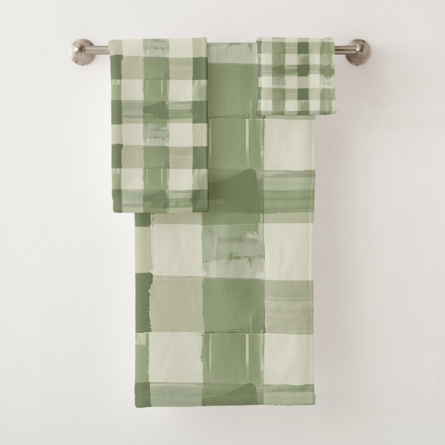 Salle de bain à carreaux gingham vert olive (En situation)