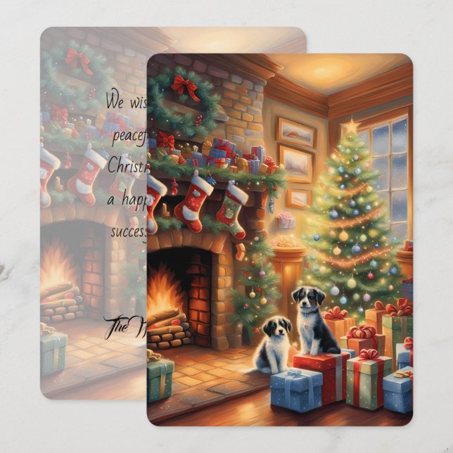 Salle décorée festive, cheminée, chiens, vintage (Devant / Derrière)