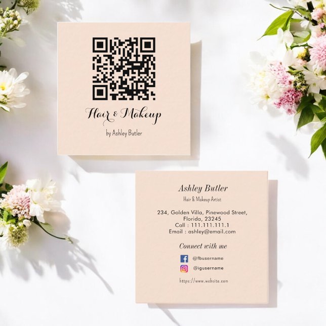 Salon beige QR Code cheveux maquillage Carte de vi (Créateur téléchargé)