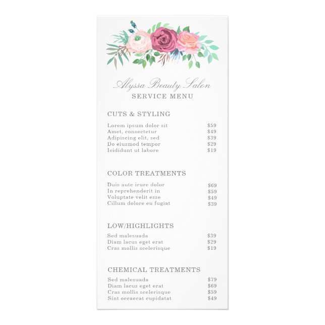 Salon de Beauté Florale Rose Menu Tarifs (Devant)