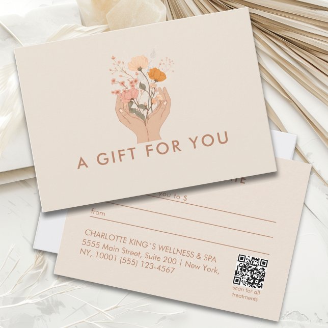 Salon Floral Céleste Certificat-Cadeau QR-Code (Celestial Floral Beige Brown Boho Salon Qr Code Business Gift Certificate)