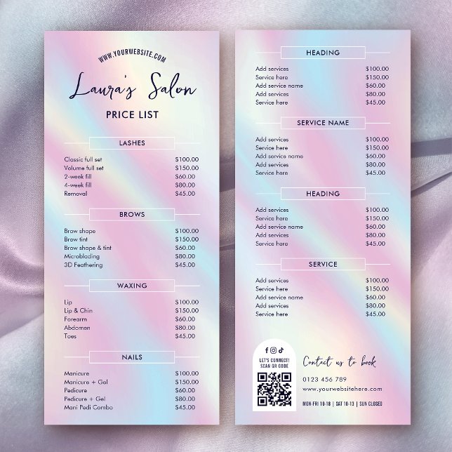 Salon Holographique Moderne Élégant Menu Prix (Trendy holographic effect business services menu with fully editable text and scannable QR code)