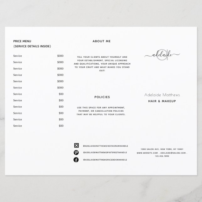 Salon Noir Blanc Moderne Tarifs Menu Service (Devant)