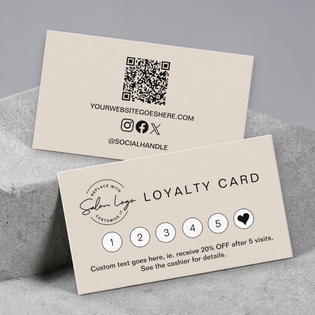 Salon Petit Beige carte de fidélité code QR (Simple, minimalist, salon, spa business loyalty cards, heart punch card, with QR code and socials)