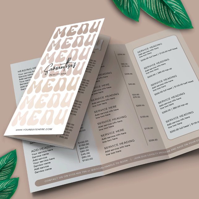 Salon Retro Beige Super Lashes Brochure (Retro beige business tri-fold price list with groovy fonts and pastel beige color scheme)