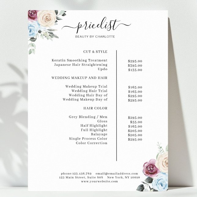 Salon Rose de verdure Liste des prix Poster (Greenery Roses Salon Price List Poster)