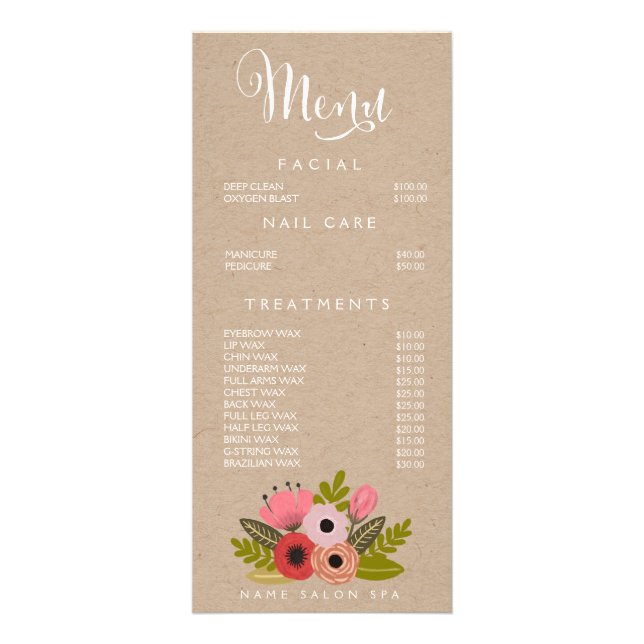Salon spa Beauticier Menu Designer Tarifs (Devant)