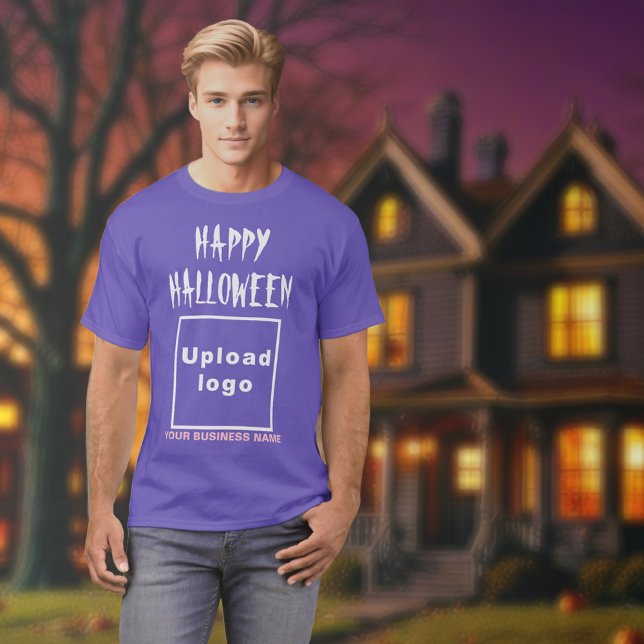 Salutation d'Halloween d'affaires sur T-shirt viol (Halloween greeting, business name and logo on purple t-shirt)