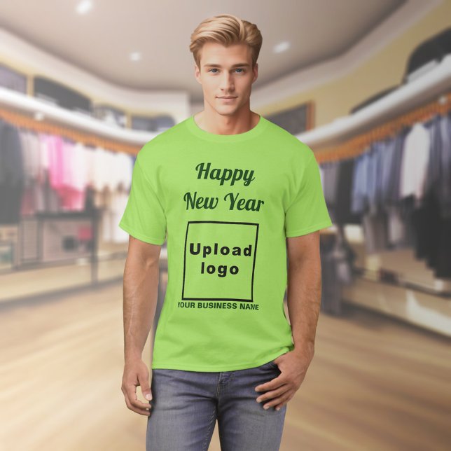 Salutation du Nouvel An sur le T-shirt vert de la  (Business name and logo with New Year greeting on lime green t-shirt)